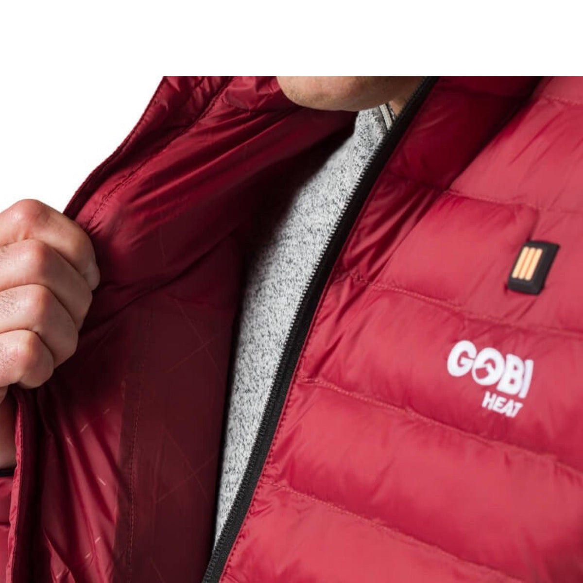 Dark red heated jacket front close-up with open zipper and GoBi Heat logo