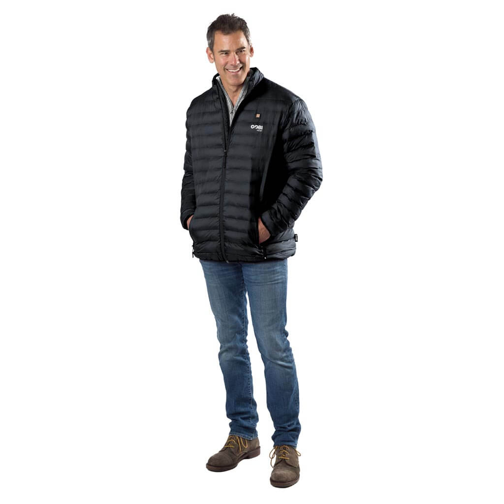 Men's black heated puffer jacket, full-zip, stand-collar puffer design