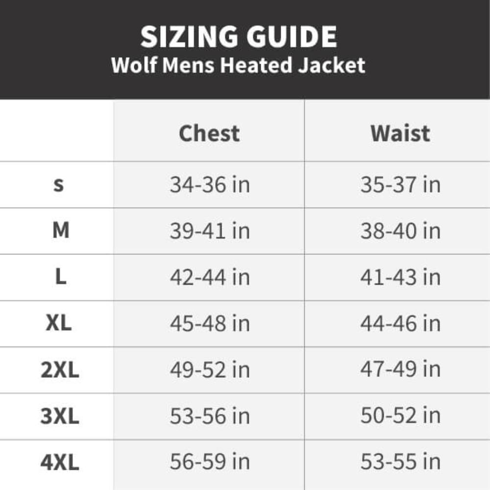 Sizing guide chart for Wolf men's heated jacket: chest and waist measurements