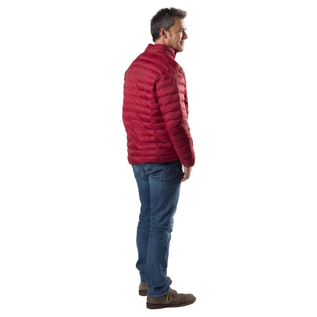 Men's quilted heated jacket in dark red with full-zip front, side view worn