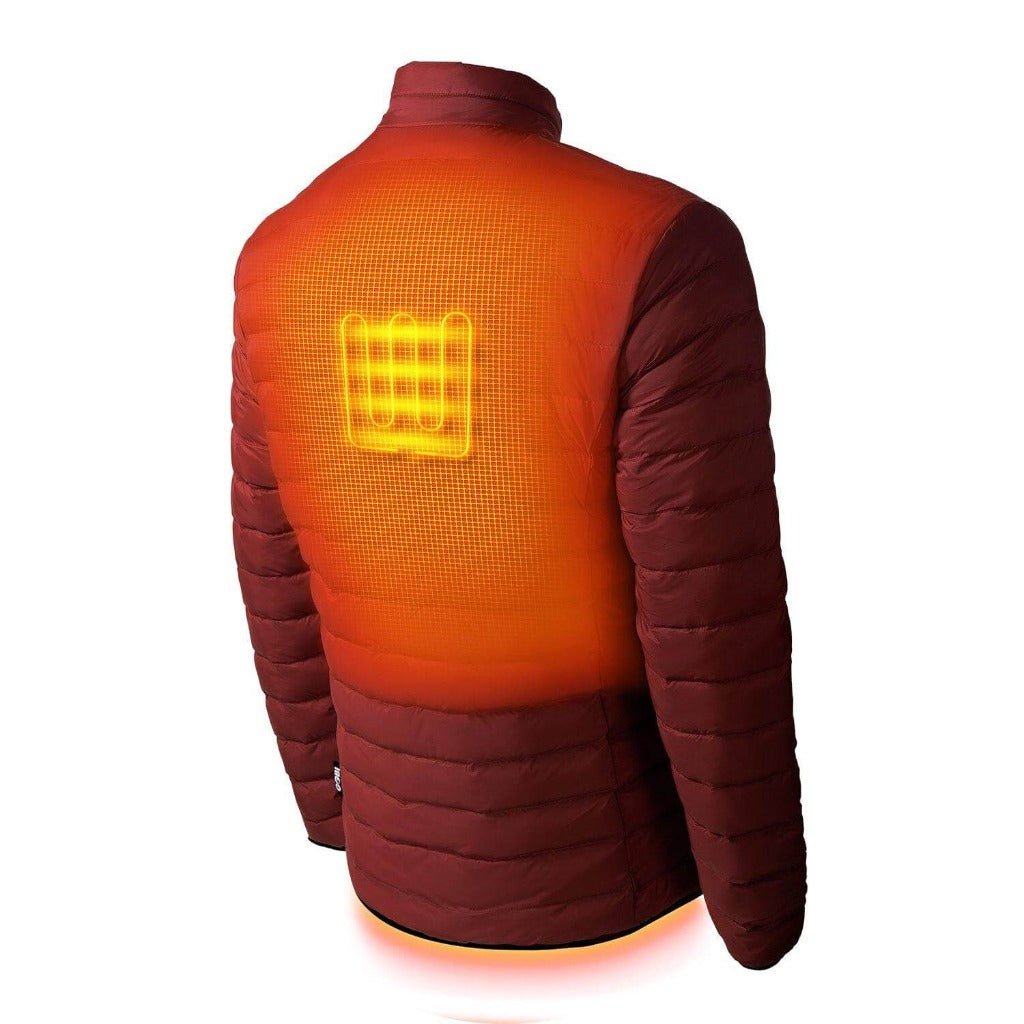 Quilted heated jacket back in orange and dark red with glowing heat panel, full-zip style