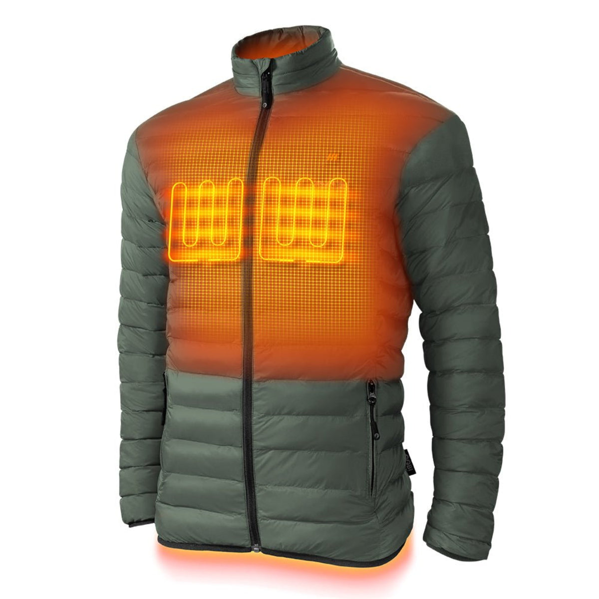 Men's heated puffer jacket in olive green with orange heating display on front