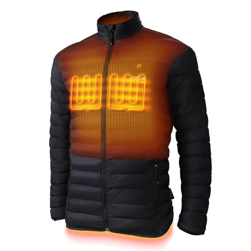 Men's black heated puffer jacket with orange heating display on front panel