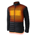 Men's black heated puffer jacket with orange heating display on front panel