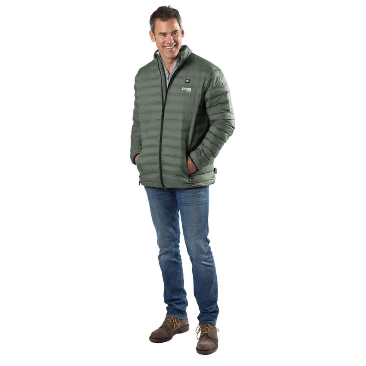 Men's olive green heated puffer jacket, full-zip with stand collar and chest logo