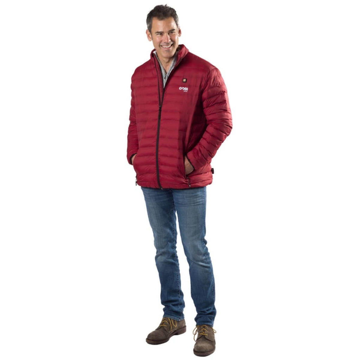 Men's quilted heated jacket in dark red with full-zip front and stand collar, worn