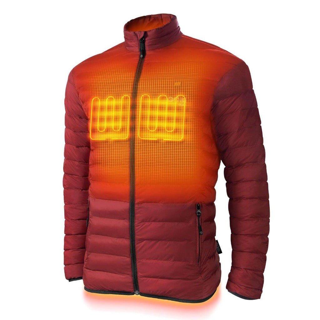 Quilted heated jacket in orange and dark red with glowing chest heat panel and black zipper