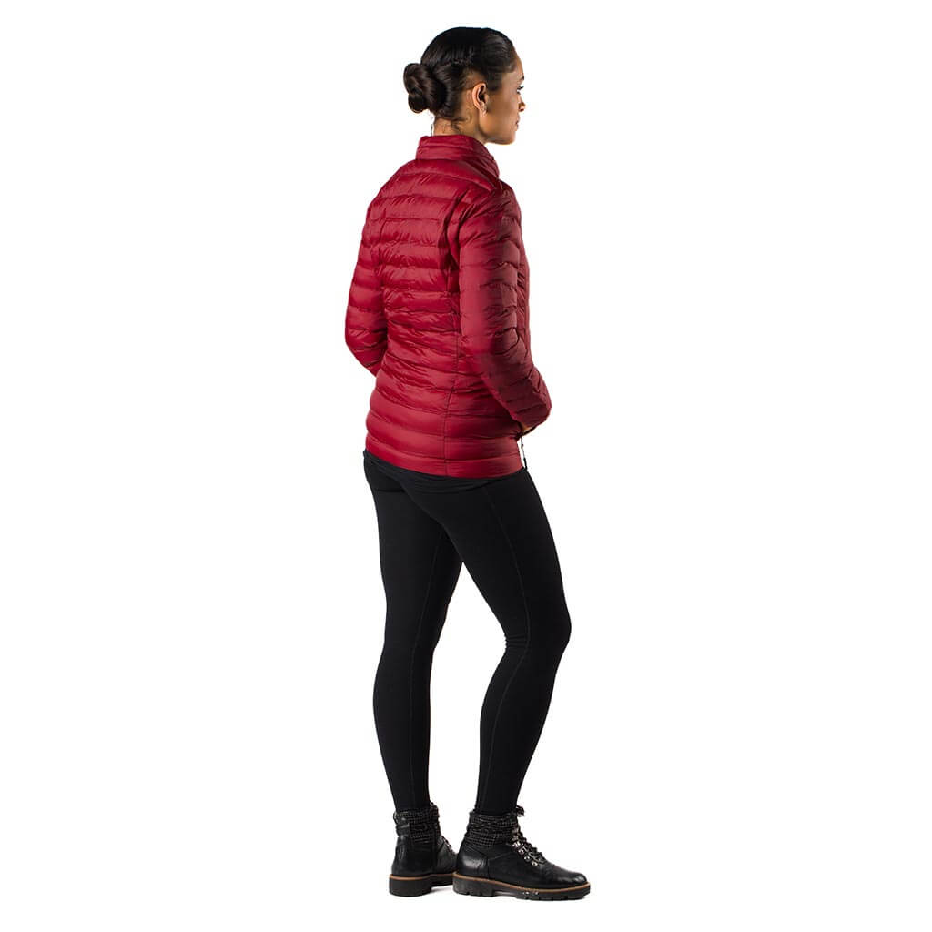 Women’s heated puffer jacket with hood, side view, front zipper closed
