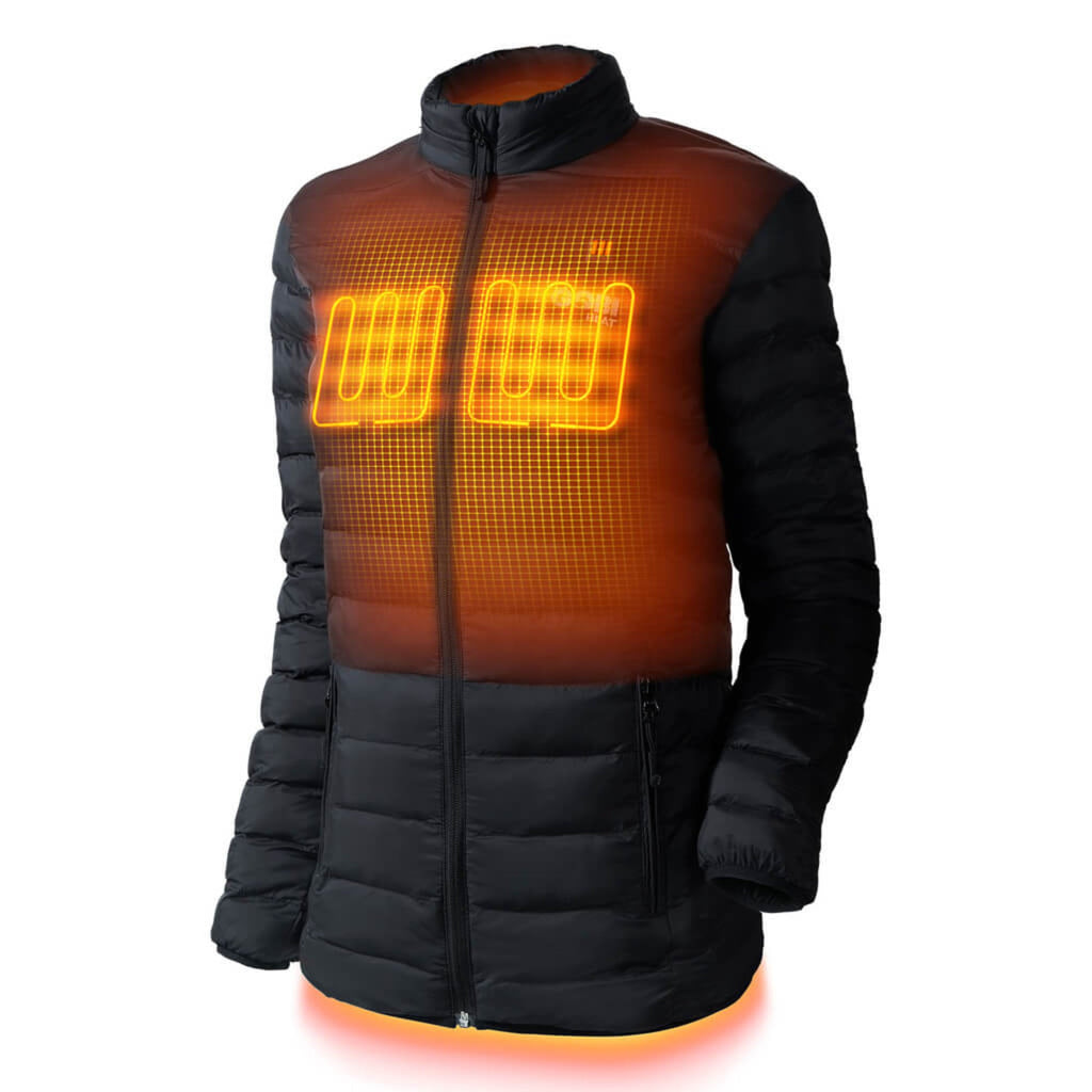 Women’s heated puffer jacket, full-zip, black with glowing orange heating panels