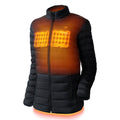 Women’s heated puffer jacket, full-zip, black with glowing orange heating panels