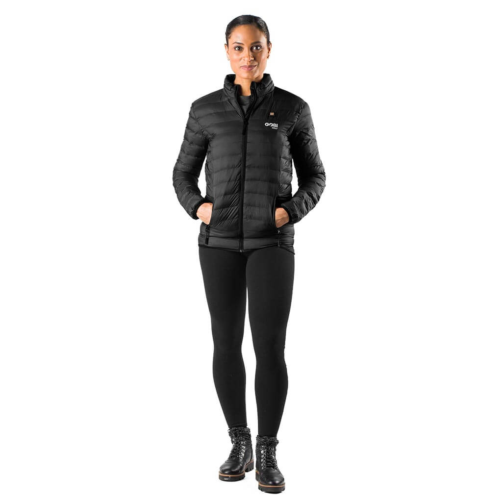 Women’s heated puffer jacket, full-zip, black with stand collar and chest logo