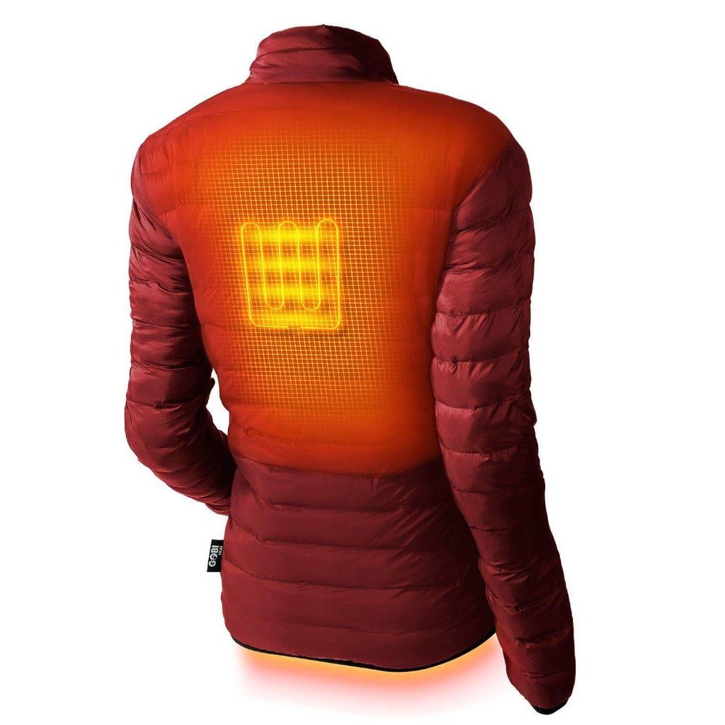 Women’s heated puffer jacket, rear view with illuminated heat panel