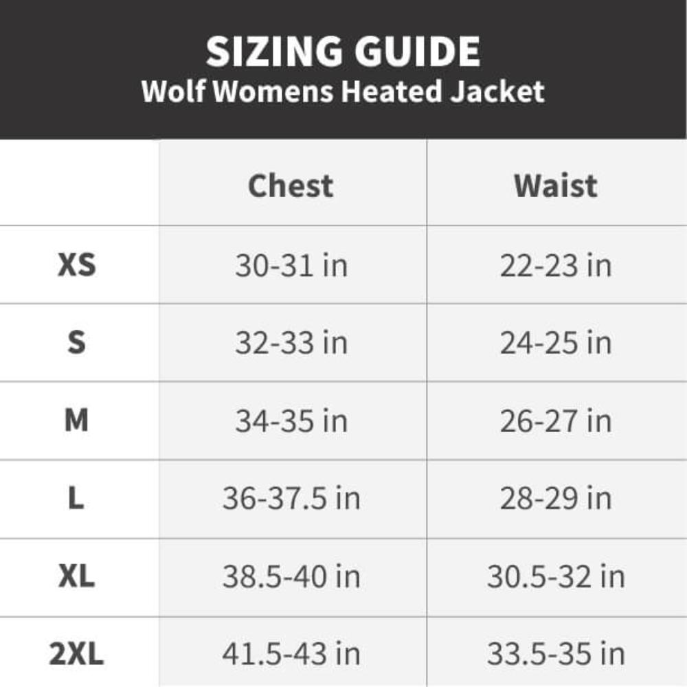 Sizing guide chart for Wolf women’s heated jacket: chest and waist by size