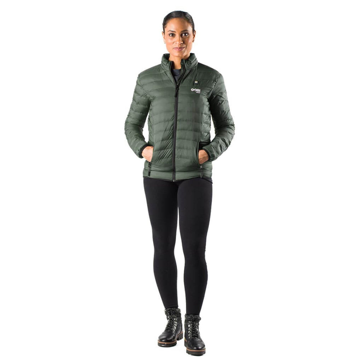 Women’s heated puffer jacket, full-zip, dark green with small chest logo