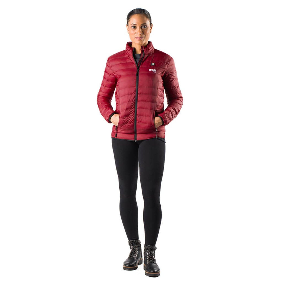 Women’s heated puffer jacket with hood, front zipper, worn with dark leggings