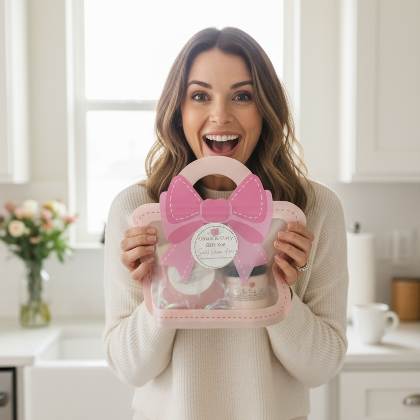 Person holding natural tallow gift set with pink bow package