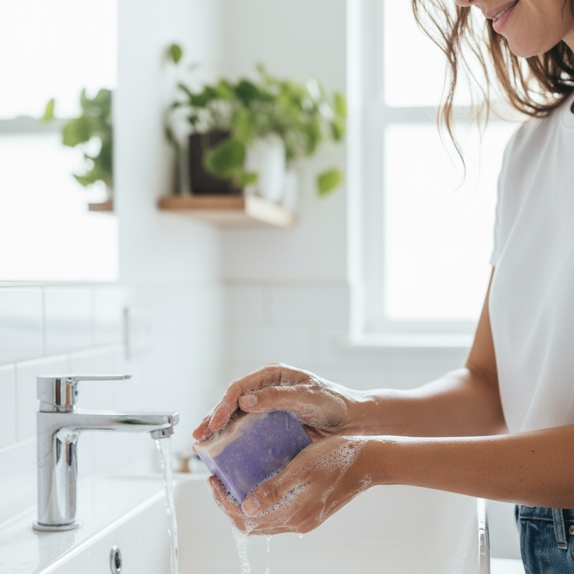 Purple tallow soap bar held in hands with white lather under faucet