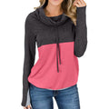 Women cowl-neck tunic sweatshirt, long sleeves, dark gray and hot pink color-block with drawstring
