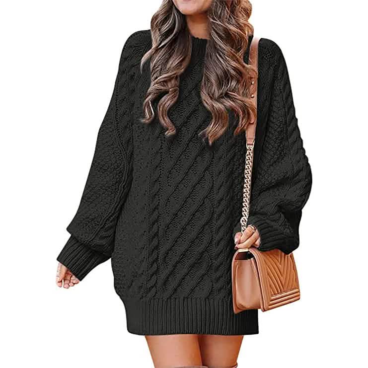 Black cable-knit crewneck long-sleeve oversized sweater dress