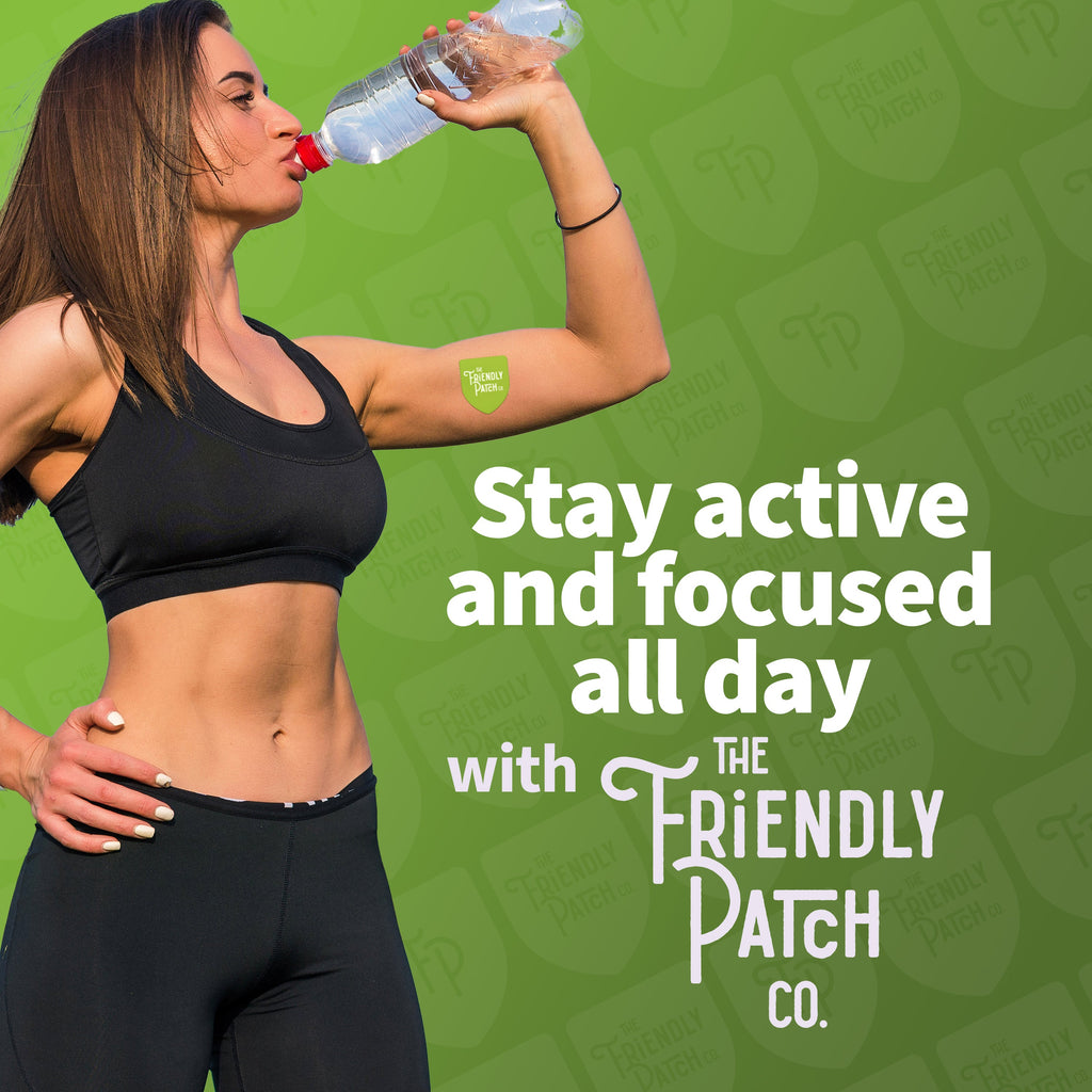 Woman in black sports bra holding a water bottle with THE FRIENDLY PATCH logo
