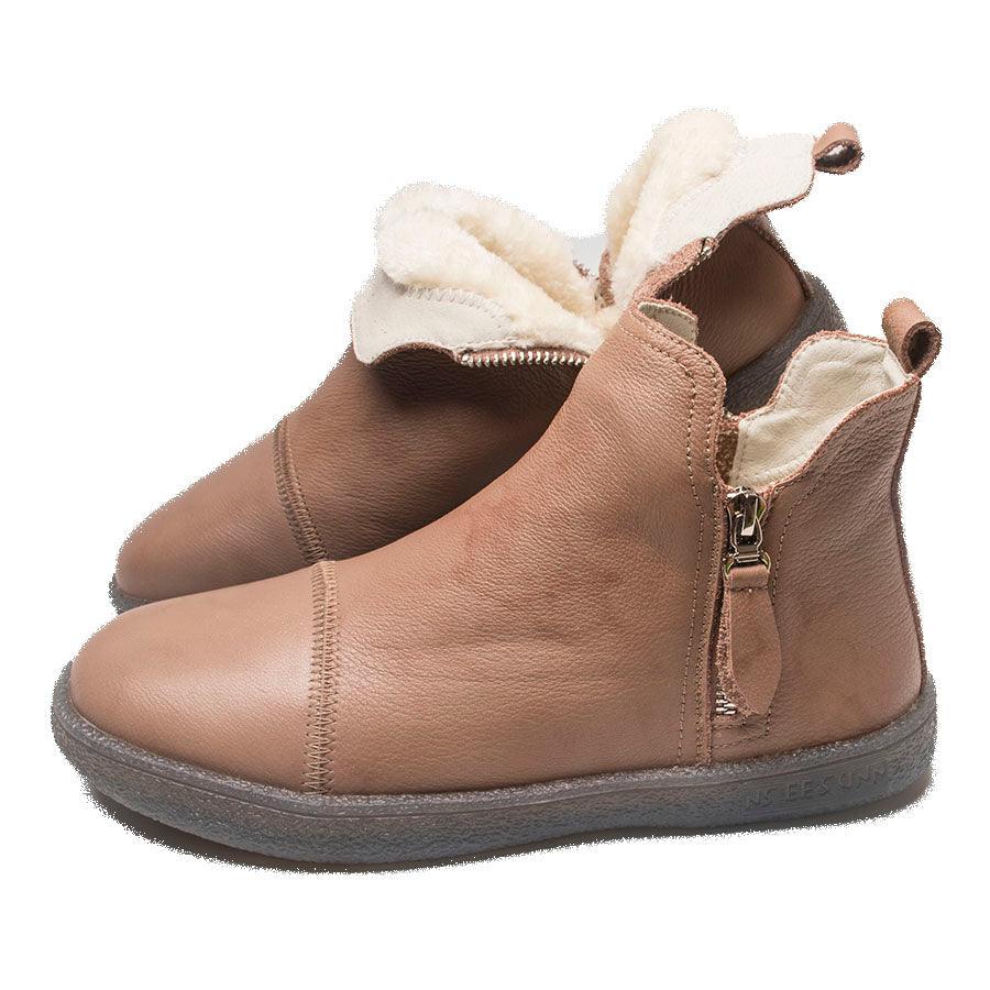 Tan ankle boots with side zipper, plush fur collar, and grippy sole