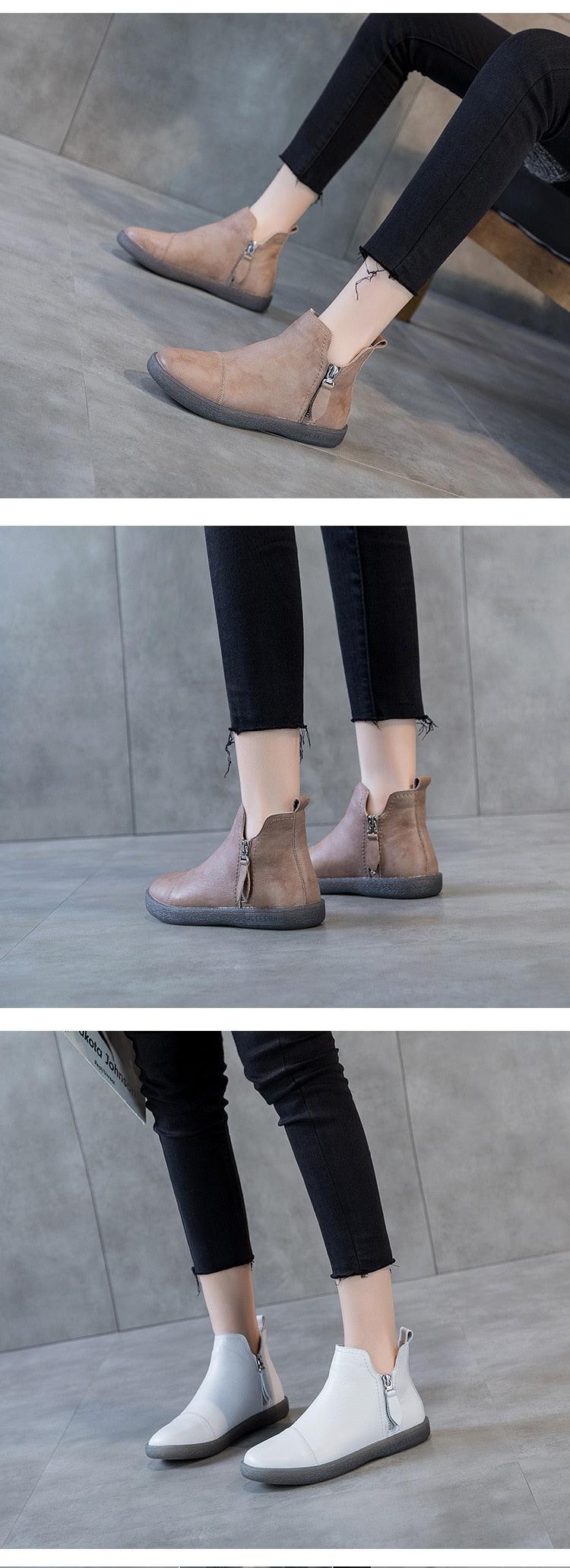 Beige slip-on ankle boots with warm fur trim and gray rubber sole