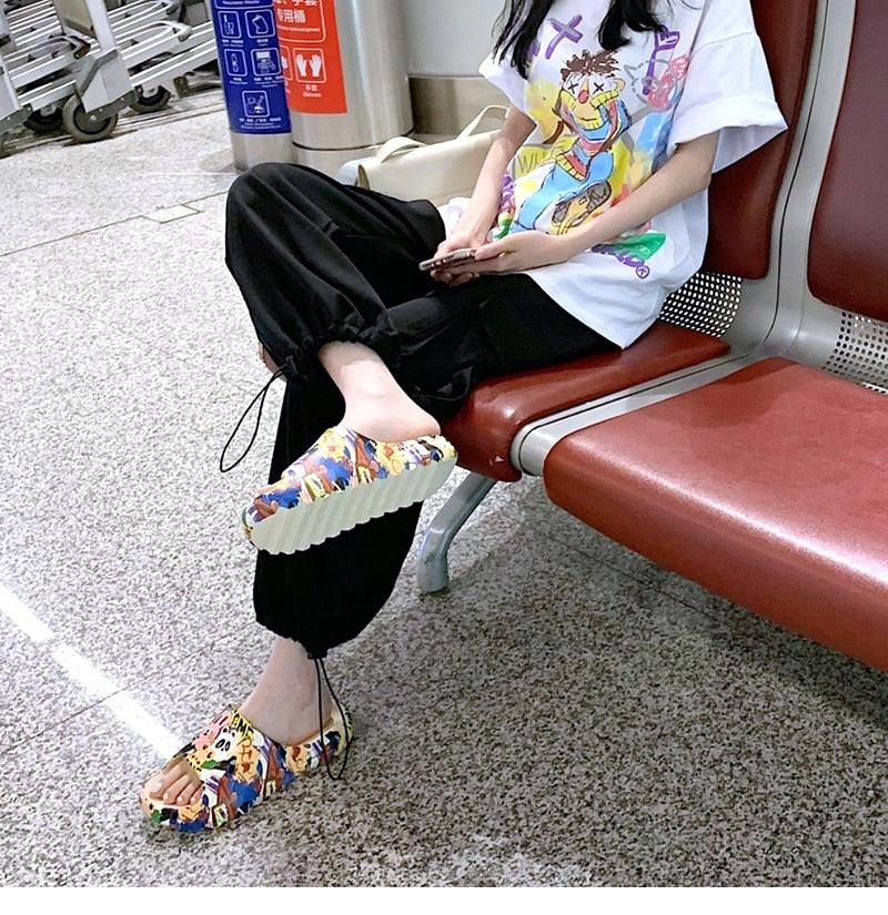 Cartoon print open-toe slide sandals with cushioned thick sole