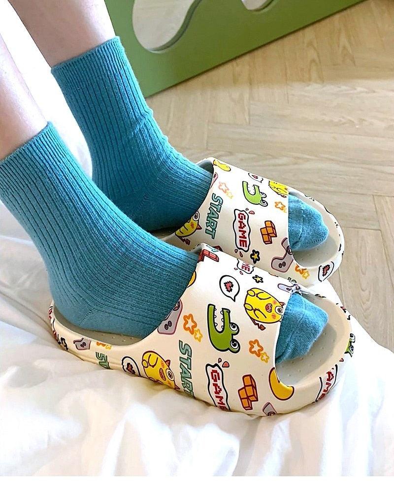 Multicolor cartoon slide sandals with open toe and thick cushioned sole