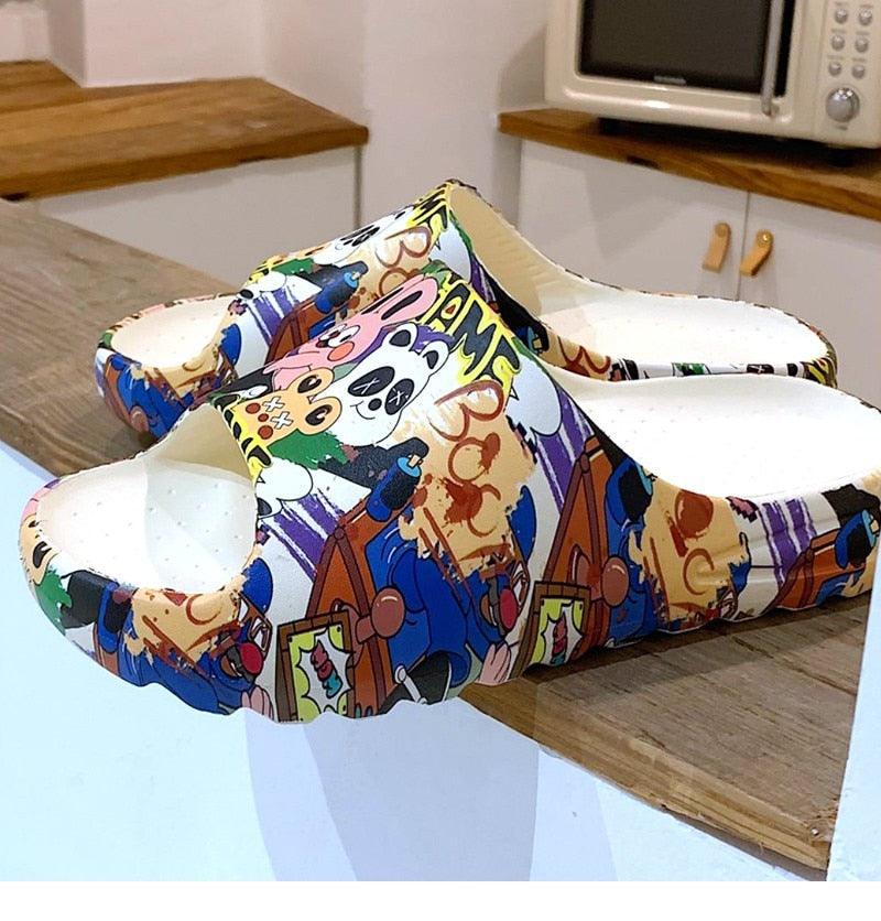 Multicolor cartoon slide sandals with open toe and thick cushioned sole