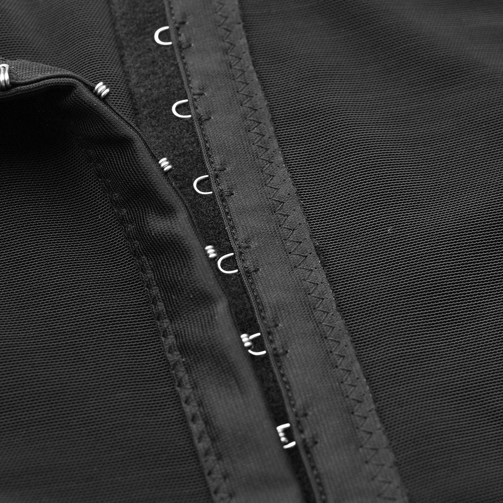 Black hook-and-eye closure strip on high-waist shaping shorts waistband