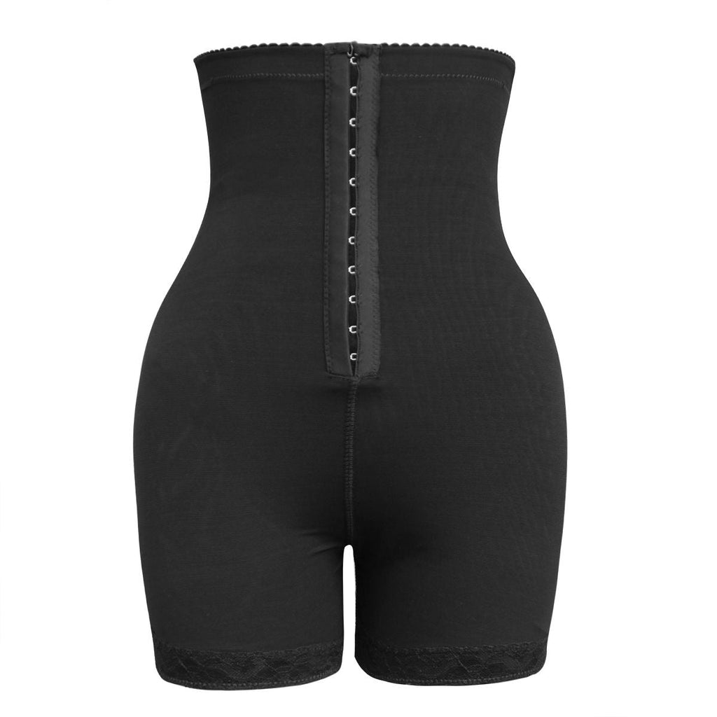 Black high-waist shaper shorts with vertical center panel and hook-and-eye