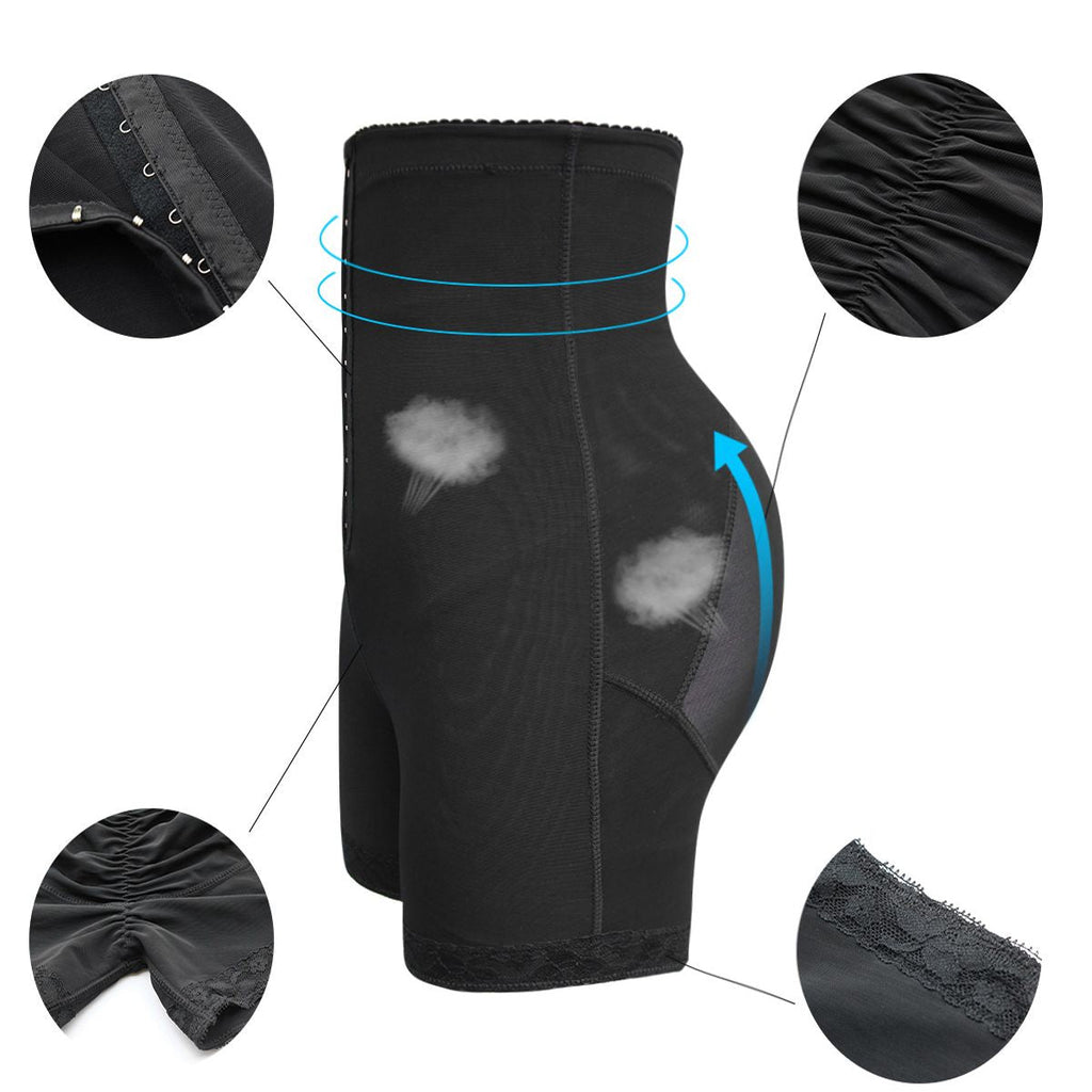 Black postpartum girdle shorts with reinforced front seams and lace-trim leg edges