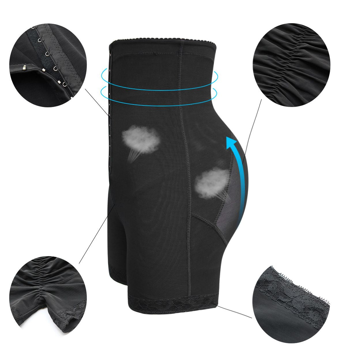 Black postpartum girdle shorts with reinforced front seams and lace-trim leg edges