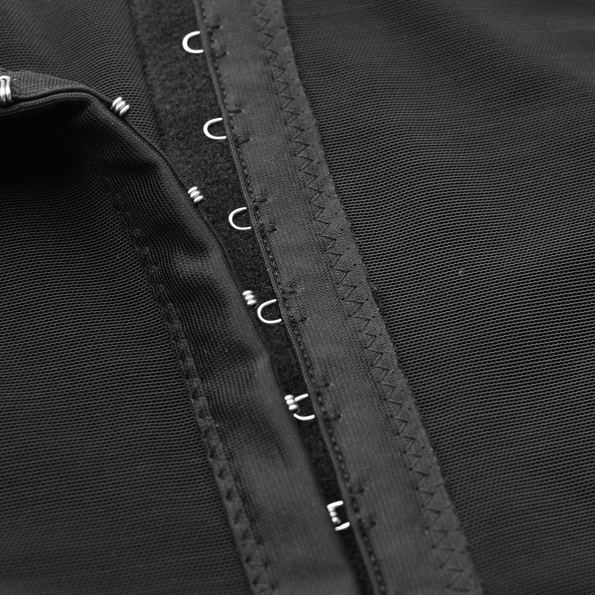 Black hook-and-eye front closure on mesh shapewear panel