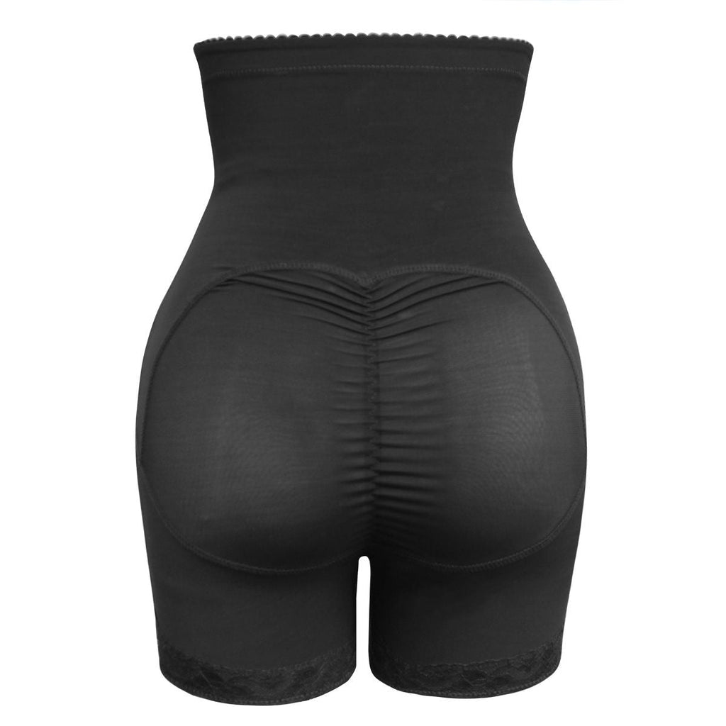 Black high-waist shaping shorts with ruched rear and smooth front