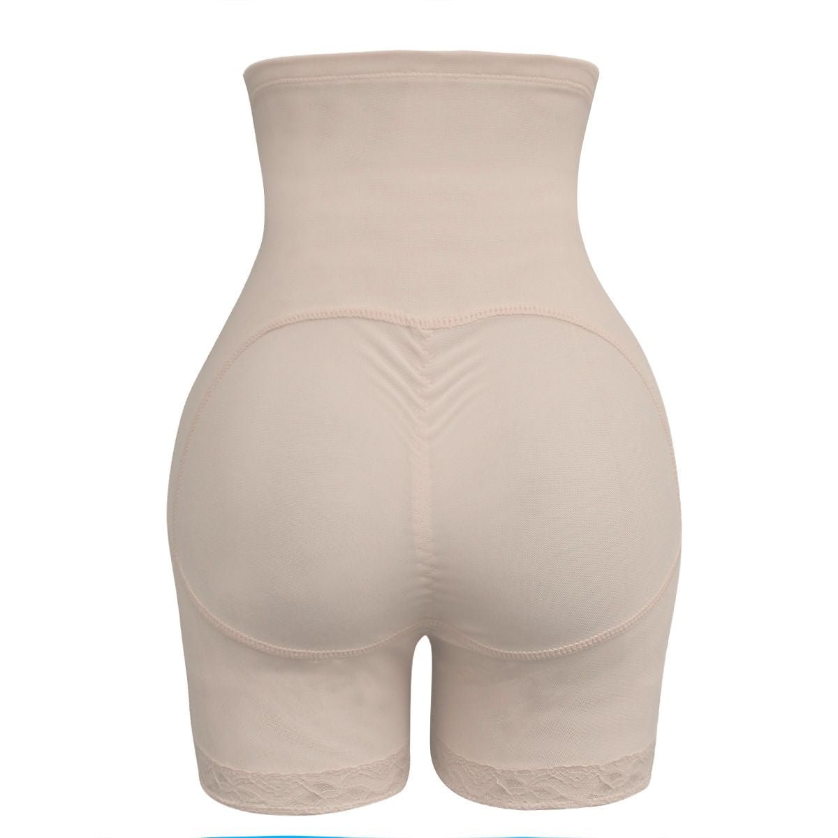 Women's beige high-waist shaping shorts with full back coverage and lace trim