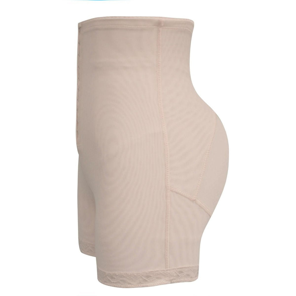 Beige high-waist shaping shorts with full rear coverage and vertical seam