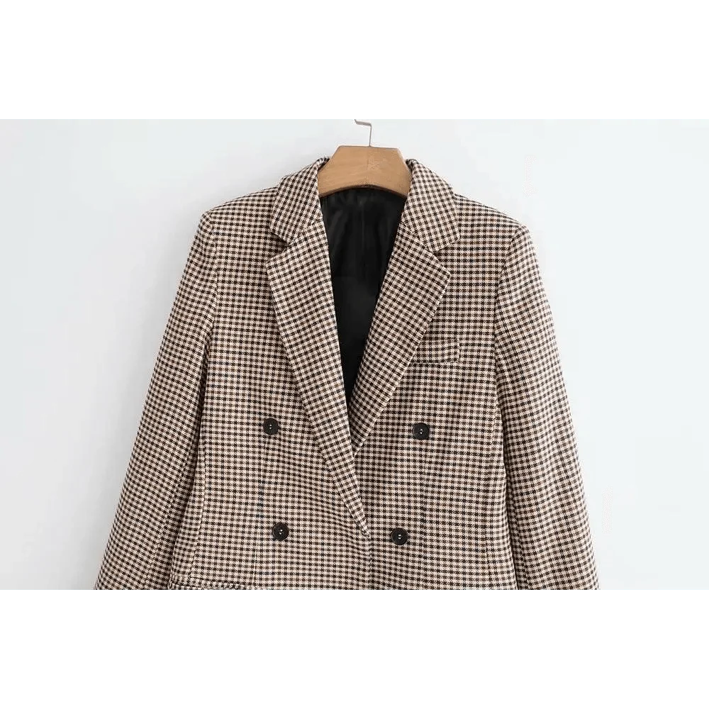 Women’s brown plaid double-breasted blazer coat, long sleeves, black inner lining