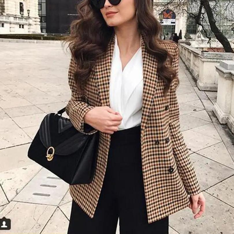 Women’s double-breasted plaid blazer coat with long sleeves and side pockets, brown check