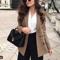 Women’s brown plaid blazer coat with long sleeves and double-breasted button front