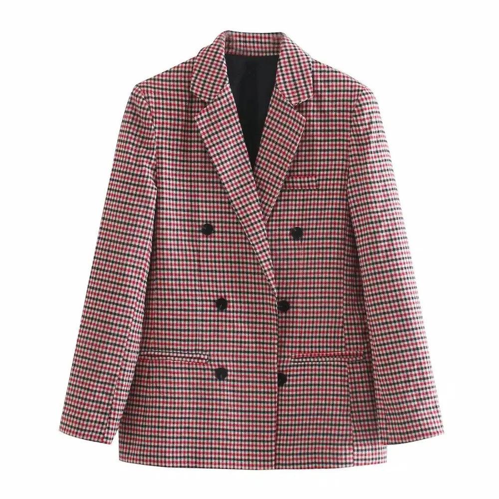 Women’s plaid blazer coat with double-breasted front and long sleeves