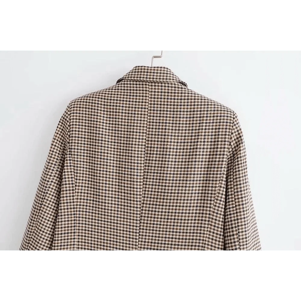 Women’s brown plaid double-breasted blazer coat, back view with long sleeves