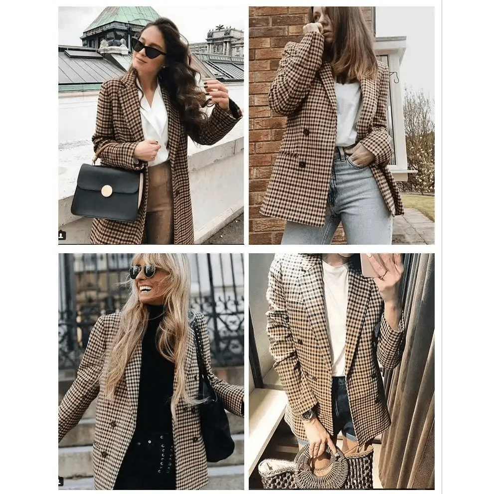 Plaid double-breasted blazer styled on model with long sleeves and pockets