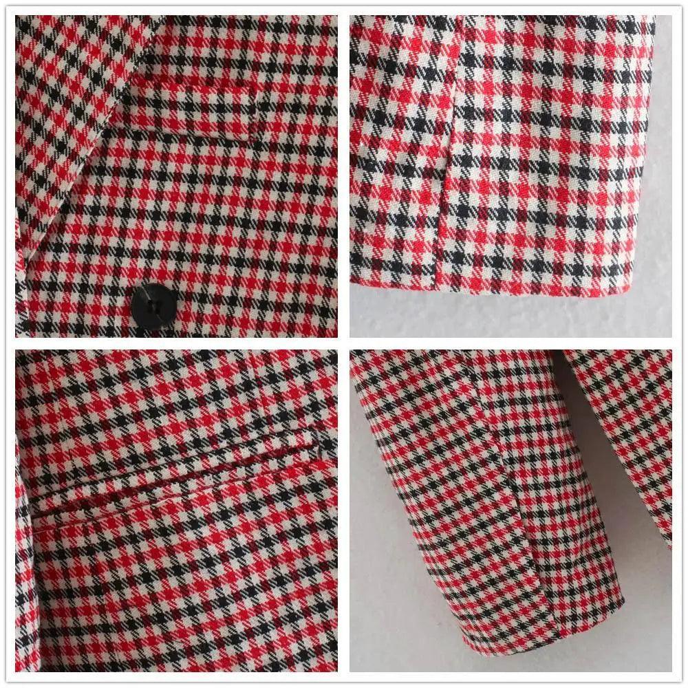Red and black plaid blazer coat with long sleeves