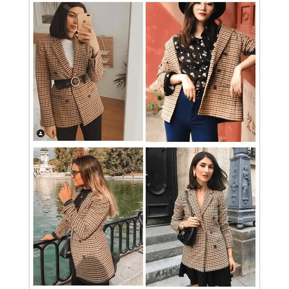Women’s plaid blazer on model with long sleeves and double-breasted button front