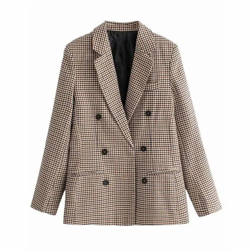 Women’s brown plaid double-breasted blazer coat, full front view with notched lapels