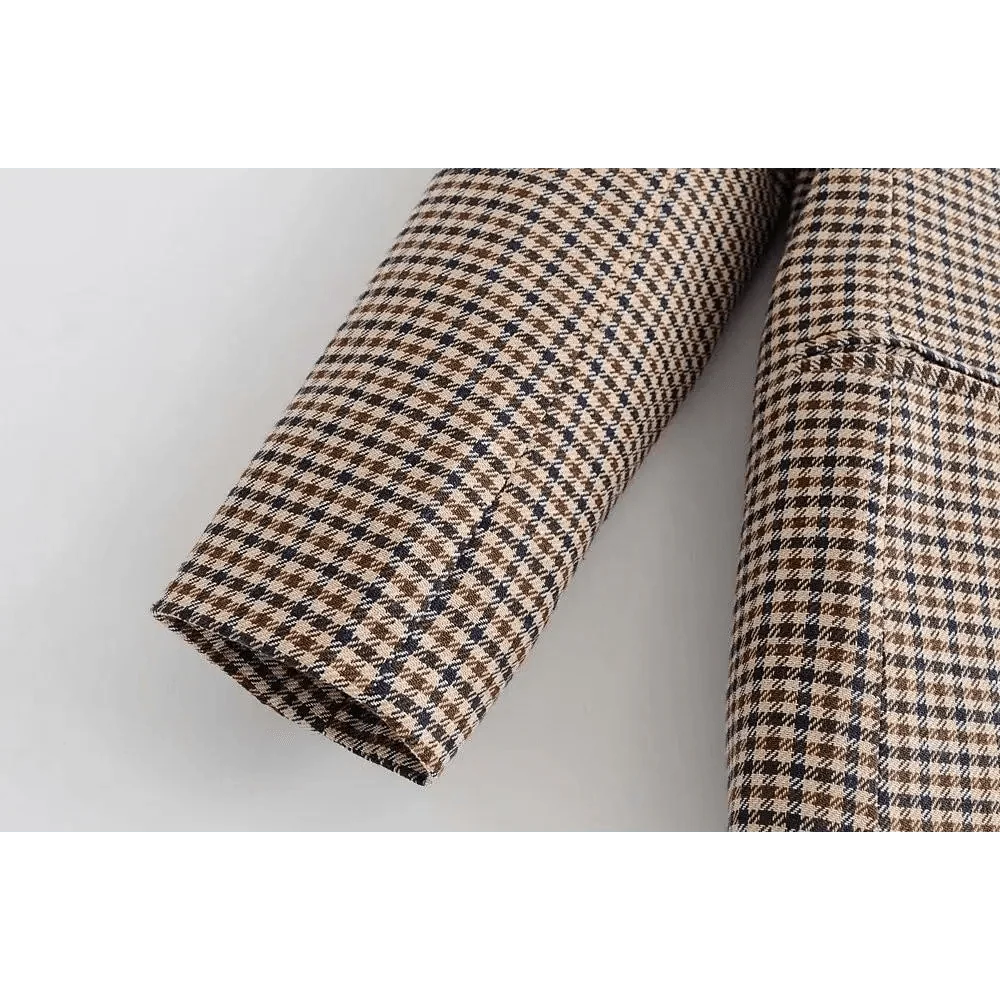 Brown plaid blazer coat sleeve and cuff hem detail