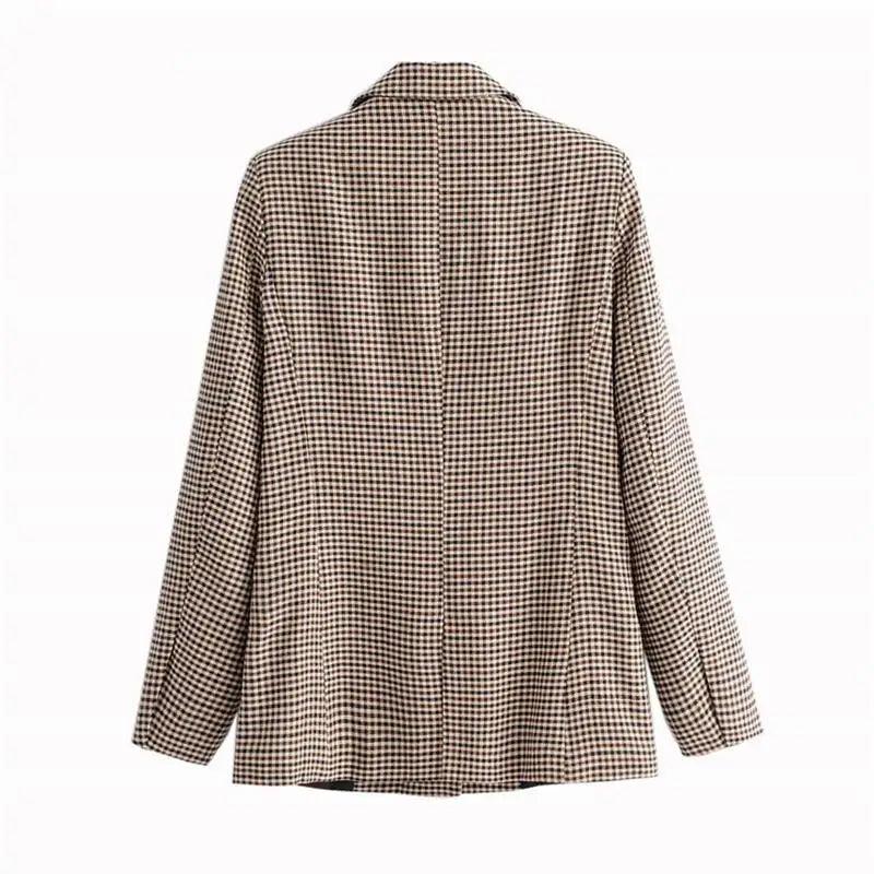 Women’s brown plaid double-breasted blazer coat, back view with long sleeves
