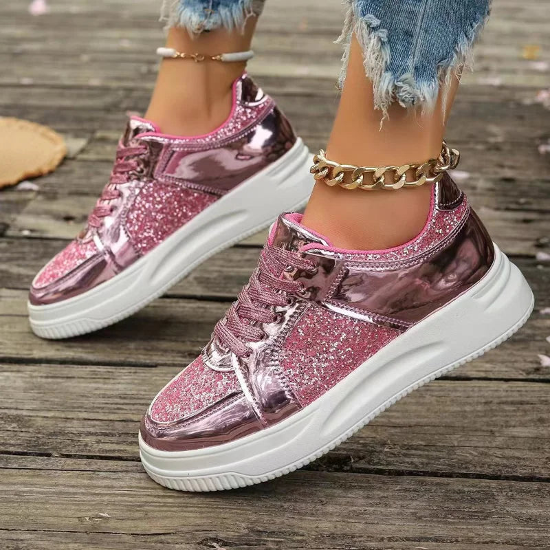 Women’s rose pink sequin lace-up platform sneakers with thick white sole and chain strap
