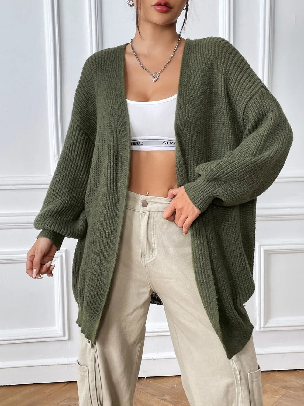Women’s army green knit cardigan, open front, long sleeves, relaxed fit